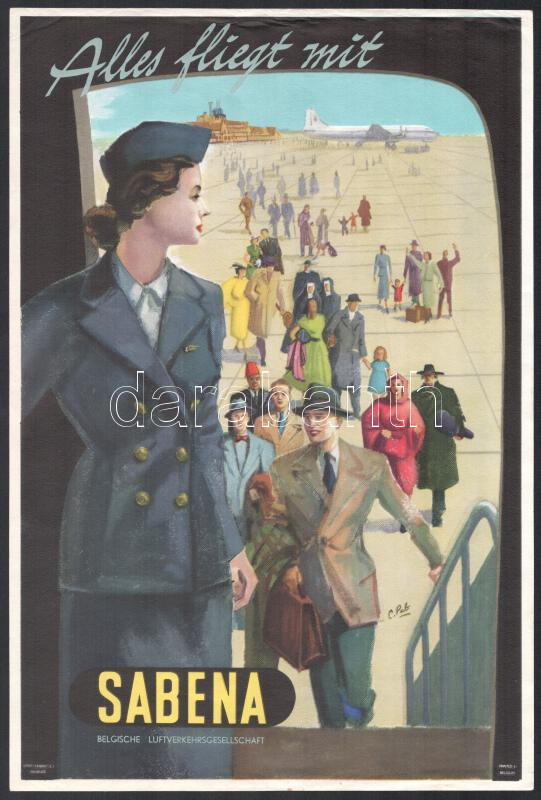 cca 1950 'Alles Fliegt mit Sabena', Sabena belga légitársaság reklámplakátja, Bruxelles, 'Linsmo' S.A.-ny., 34x24 cm