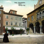1912 Pola, Pula; Hauptplatz, Caffe Municipio / Foro / Glavni trg. Jos. Krmpotic / Fő tér, Kávéház / main square, cafe (EK)