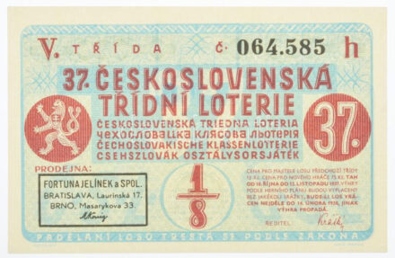 Csehszlovákia 1937. '37. Csehszlovák Osztálysorsjáték' 1/8 sorsjegye öt nyelven (5. osztály) T:I- / Czechoslovakia 1937. '37th Czechoslovak class lottery' 1/8 ticket in five language (5th class) C:AU