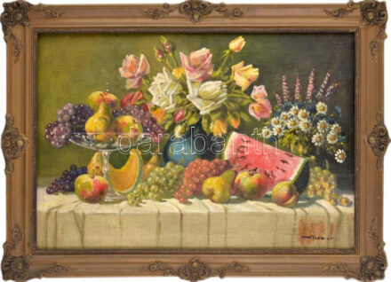 Olvashatatlan jelzéssel: Csendélet. Olaj, vászon. Dekoratív fakeretben. 50x70 cm