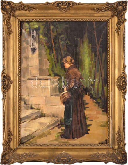 Jelzés nélkül: Hölgy kosárral. Olaj, vászon. Dekoratív fakeretben. 70x50 cm