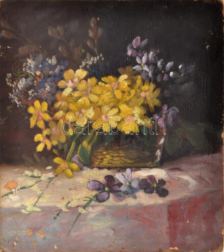Jelzés nélkül: Virágkosár. Olaj, karton. 31x27,5 cm. Kissé sérült