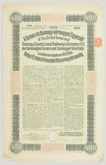 Budapest 1913. 'A Temes- és Somogy-vármegyei Egyesült Helyi Érdekű Vasutak Részvénytársaság' részvénye 400K-ról, angol, magyar és német nyelven, szárazpecséttel T:III széleken kis szakadások / Hungary / Budapest 1913. 'United