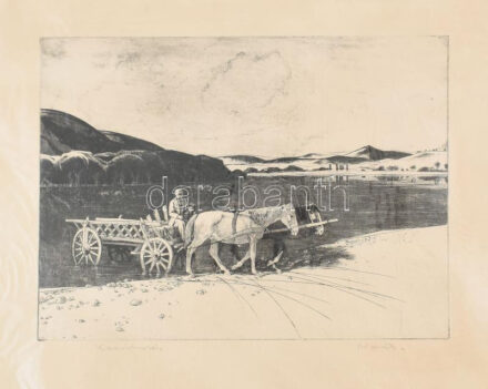 Novák Lajos (1927-1989): Kocsimosás. Rézkarc, papír, jelzett, kartonra kasírozva, 29×39 cm