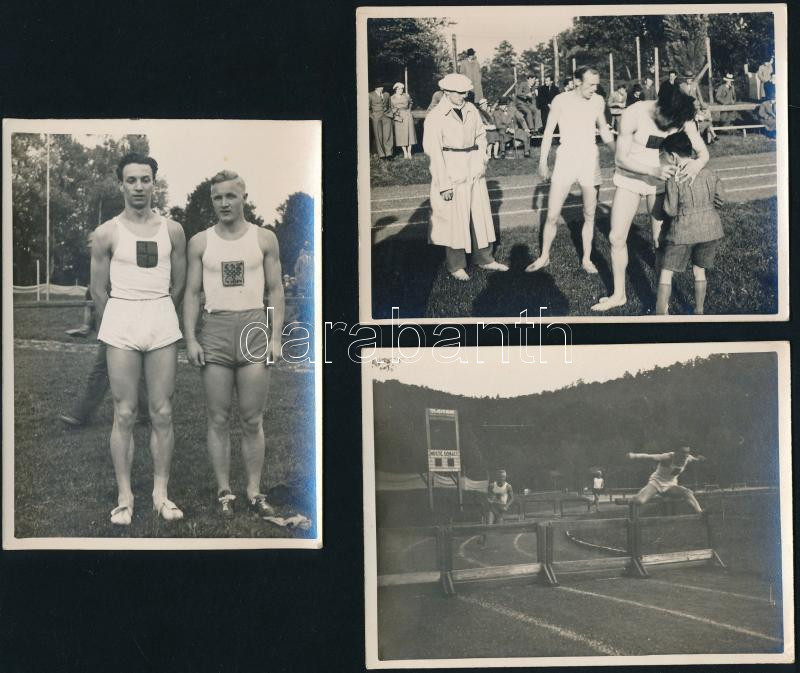 cca 1930-1940 Kovács József (szül. Kléri) (1911-1990) atléta, gátfutó, rövidtávfutó, 28-szoros országos bajnok, a magyar atlétika első Európa-bajnokának autográf aláírásai és sorai, 3 db őt ábrázoló, versenyeken készült