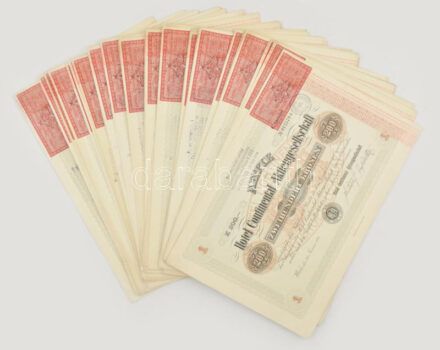 Ausztria / Bécs 1921. 'Hotel Continental Részvénytársaság' részvénye 200K-ról felülbélyegzésekkel, szelvényekkel (41x), sorszámkövetők és közeli sorszámokkal T:I-,II széleken kis szakadások / Austria / Vienna 1921. 'Hotel