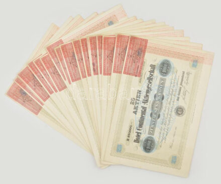 Ausztria / Bécs 1921. 'Hotel Continental Részvénytársaság' 25 részvénye egyben, összesen 10.000K-ról, felülbélyegzésekkel, szelvényekkel (19x), sorszámkövetők és közeli sorszámokkal T:I-,II széleken kis szakadások / Austria /