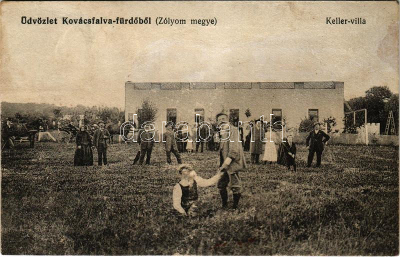 1922 Kovácsfalva, Kovácová; Kúpele Kovácová; Keller Villa, úri társaság hintókkal / villa, horse chariots (r)