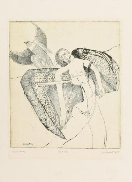 Burai István (1951-2017): Ikaros, 1987. Rézkarc, papír, jelzett, számozott (10/50), 20×17 cm