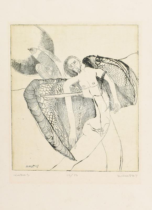 Burai István (1951-2017): Ikaros, 1987. Rézkarc, papír, jelzett, számozott (10/50), 20×17 cm