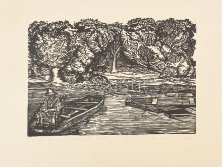 Ágotha Margit (1938-2015 ): Tiszai halász. Linómetszet, papír. Jelzett. Számozott 51/100. Lap széle kissé foltos. 24,5x35,5 cm