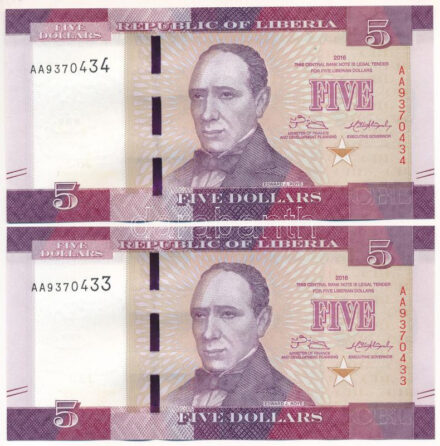 Libéria 2016. 5$ (2x) sorszámkövetők 'AA9370433 - AA9370434' T:I Liberia 2016. 5 Dollars (2x) consecutive serials 'AA9370433 - AA9370434' C:UNC
