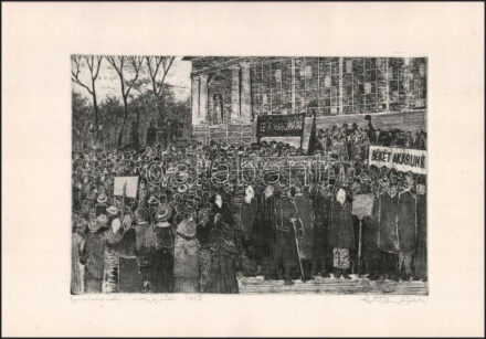 Stettner Béla (1928-1984): Iparcsarnoki nagygyűlés, 1917. Rézkarc, papír. Jelzett. 19×29 cm