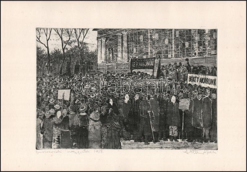 Stettner Béla (1928-1984): Iparcsarnoki nagygyűlés, 1917. Rézkarc, papír. Jelzett. 19×29 cm