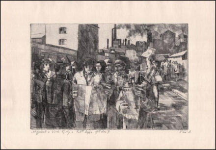 Váci András (1928-1989): Megjelent a Vörös Újság. Rézkarc, papír. Jelzett. 19×29 cm