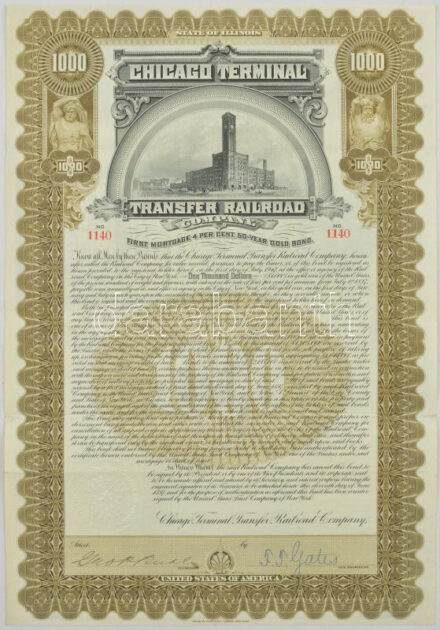 Amerikai Egyesült Államok / Illinois 1897. 'Chicago Terminal Transzfer Vasút Társaság' kötvénye 1000$-ról szárazpecséttel, szelvényekkel, tanúsítvánnyal T:III / USA / Illinois 1897. 'Chicago Terminal Transfer Railroad Company' bond