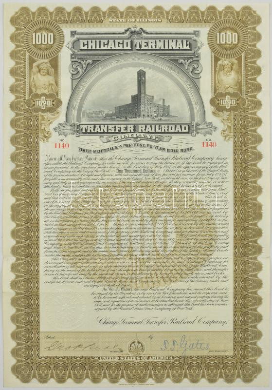 Amerikai Egyesült Államok / Illinois 1897. 'Chicago Terminal Transzfer Vasút Társaság' kötvénye 1000$-ról szárazpecséttel, szelvényekkel, tanúsítvánnyal T:III / USA / Illinois 1897. 'Chicago Terminal Transfer Railroad Company' bond