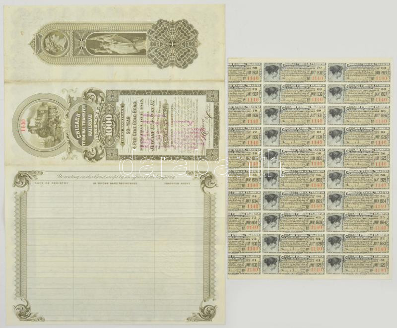 Amerikai Egyesült Államok / Illinois 1897. 'Chicago Terminal Transzfer Vasút Társaság' kötvénye 1000$-ról szárazpecséttel, szelvényekkel, tanúsítvánnyal T:III / USA / Illinois 1897. 'Chicago Terminal Transfer Railroad Company' bond - Image 2