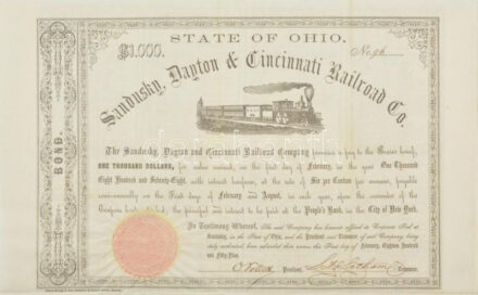 Amerikai Egyesült Államok / Ohio 1859. 'Sandusky, Dayton & Cincinnati Vasút Társaság' 6%-os kötvénye 1000$-ról, szárazpecséttel, szelvényekkel, tanúsítvánnyal T:III felül kétoldalú ragasztóval enyhén kartonra rögzítve / USA