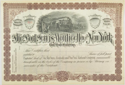 Amerikai Egyesült Államok / New York 1880. 'Port Jervis, Monticello és New York Vasút Társaság' kitöltetlen részvényelismervény, tanúsítvánnyal T:I- tűlyuk, felül kétoldalú ragasztóval kartonra rögzítve / USA / New York 1880.