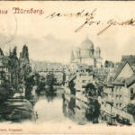 1897 (Vorläufer!) Nürnberg, Nuremberg; Partie an der Pegnitz / synagogue / zsinagóga (small tear)