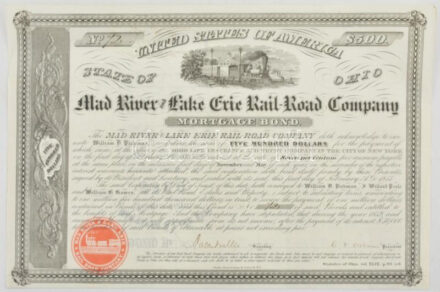 Amerikai Egyesült Államok / Ohio 1855. 'Mad folyó and Erie tó Vasút Társaság' 7%-os jelzálogkötvénye 500$-ról, szárazpecséttel, szelvényekkel, tanúsítvánnyal T:III felül kétoldalú ragasztóval kartonra rögzítve / USA / Ohio