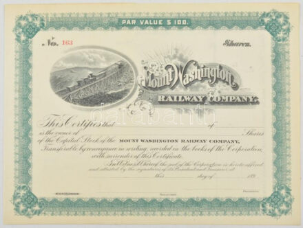 Amerikai Egyesült Államok ~1890. 'Washington-hegy Vasút Társaság' kitöltetlen részvényelismervénye, tanúsítvánnyal T:I- felül kétoldalú ragasztóval kartonra rögzítve / USA ~1890. 'Mount Washington Railway Company' unfilled share