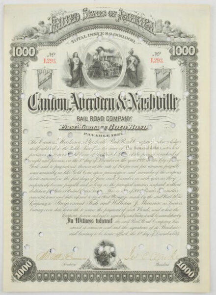 Amerikai Egyesült Államok 1884. 'Canton, Aberdeen & Nashville Vasút Társaság' 5%-os aranykötvénye 1000$-ról, szelvényekkel, lyukasztásokkal érvénytelenítve, tanúsítvánnyal T:I- / USA 1884. 'Canton, Aberdeen & Nashville Rail