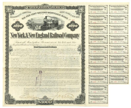 Amerikai Egyesült Államok 1882. 'New York & New England Vasút Társaság' 6%-os kötvénye 1000$-ról, szárazpecséttel, részben lyukasztásokkal érvénytelenített szelvényekkel, tanúsítvánnyal T:III felül kétoldalú ragasztóval