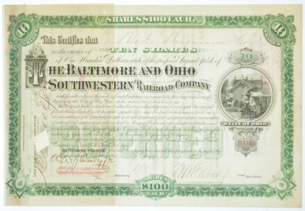 Amerikai Egyesült Államok ~1890. 'Baltimore és Ohio Délnyugati Vasút Társaság' elismervénye 10db részvényről, lyukasztásokkal érvénytelenítve, tanúsítvánnyal T:II- / USA ~1890. 'Baltimore and Ohio Southwestern Railroad Company'