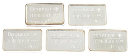 Németország DN 'Wellmann-Poller / Degussa Feinsilber' Ag tömb (5x) (31,12-31,25g/0.999/42x24mm/db) T:PP patina, ujjlenyomat Germany ND 'Wellmann-Poller / Degussa Feinsilber' Ag bar (5x) (31,12-31,25g/0.999/42x24mm/pc) C:PP patina, fingerprints