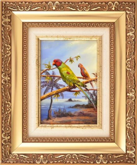 Bihari Puhl Levente (1957-): Madarak. Olaj, fa, jelzett, dekoratív fakeretben 12,5x18 cm