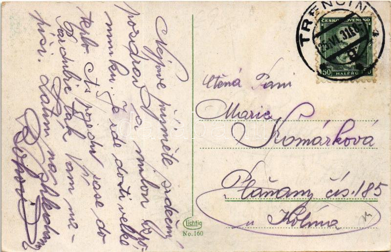 1931 Trencsén, Trencín; mozaiklap, rajta zsinagóga és vár / multi-view postcard with synagogue and castle (EK) - Image 2
