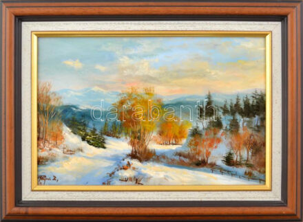 Rajczi Zoltán (1960-): Téli délután. Olaj, farost. Jelzett. Dekoratív fakeretben. 20x30 cm