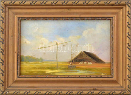 Klement Zoltán (1967-): Gémeskútnál. Olaj, farost, jelzett, kissé foltos. Dekoratív fakeretben. 13x20c m