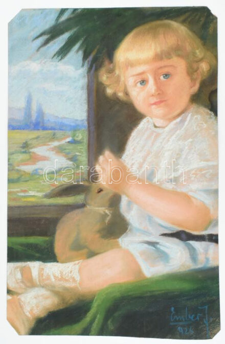 Ember János, működött a XX. sz. első felében-közepén: Kisgyerek nyuszival. Pasztell, papír, jelezve jobbra lent. Sarkaiban vágott. 62×40 cm