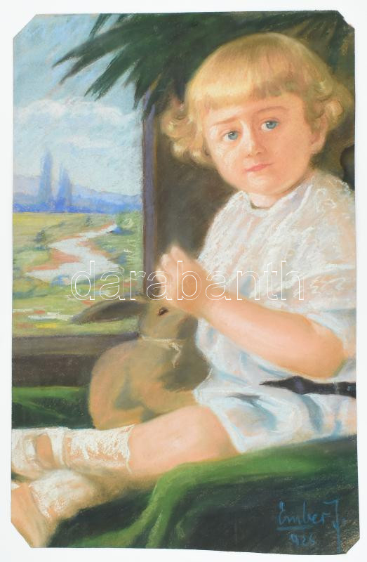 Ember János, működött a XX. sz. első felében-közepén: Kisgyerek nyuszival. Pasztell, papír, jelezve jobbra lent. Sarkaiban vágott. 62×40 cm