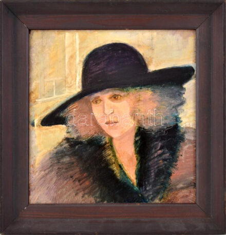 Jelzés nélkül, magyar festő, XX. sz. vége: Kalapos hölgy. Olaj, farost. Hátoldalán címmel feliratozott. Fakeretben. 30×28 cm