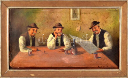 Komárik János, működött a XX. sz. első felében: Hírek. Olaj, vászon. Jelzett. Sérült, javított. Dekoratív, kissé sérült fakeretben, hátoldalán Géberth képkeretező címkéjével. 31×55 cm