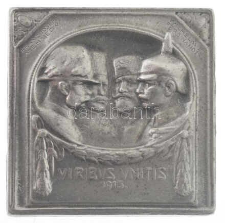 Osztrák-Magyar Monarchia 1915. 'VIRIBVS VNITIS 1915 - FRANZ JOSEF-MEHMED V-WILHELM II-FERDINAND I' ezüstözött tombak sapkajelvény (33x33mm) T:2 Austro-Hungarian Monarchy 1915. 'VIRIBVS VNITIS 1915 - FRANZ JOSEF-MEHMED V-WILHELM II-FERDINAND