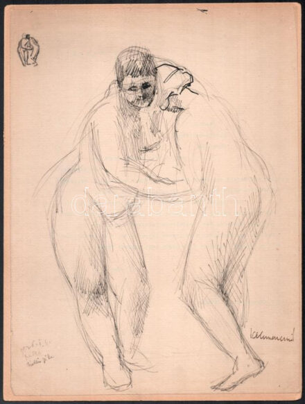 Olvashatatlan jelzéssel: Birkózó nők 1926. Tus, kartonra kasírozott papír. 29x21,5 cm