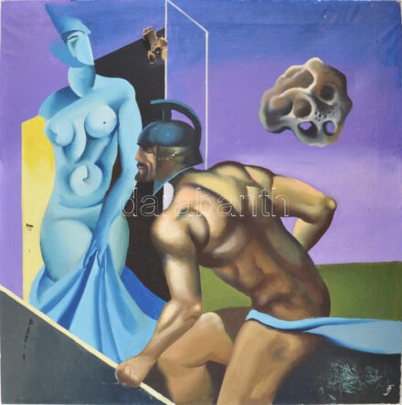 Farkas József (?-): Klasszikum (Szürrealista kép). Olaj, vászon. Jelzett. Sérült. Fakeretben. 64x60 cm