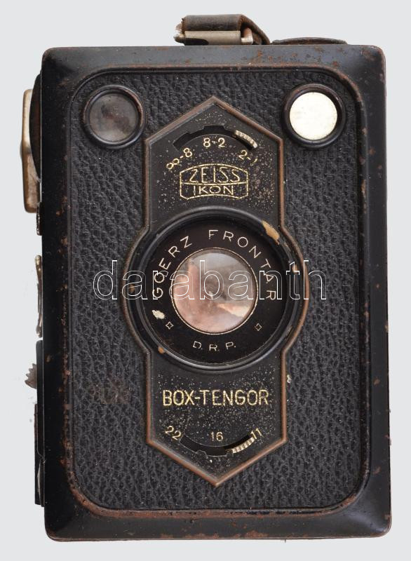 cca 1950 Zeiss Ikon Box Tengor 6x9 cm rollfilmes kamera, Goerz Frontar objektívvel, eredeti bőr tokjával, kissé sérült, kopott, 8x6x5 cm - Image 2