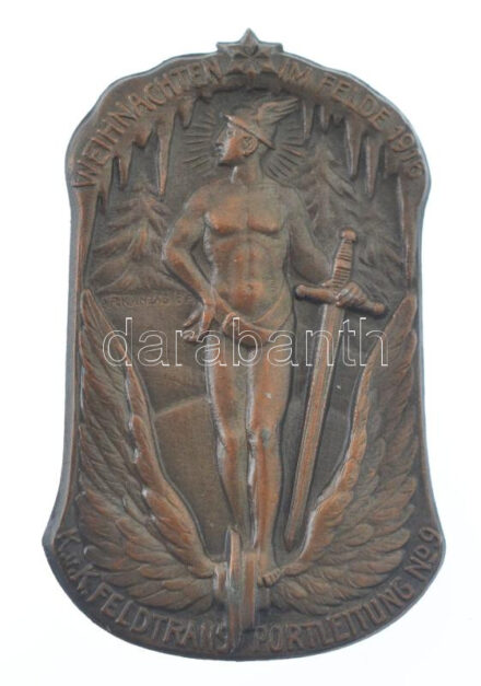 Osztrák-Magyar Monarchia 1916. 'Karácsony a csatamezőn Császári és Királyi 9. Szállító Csapatok' bronz sapkajelvény 'ARKANZAS BP' gyártói jelzéssel (42x26mm) T:1- / Austro-Hungarian Monarchy 1916. 'WEICHNACHTEN IM FELDE 1916 - K.u.K.