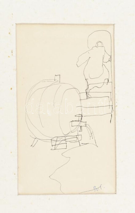 Szász Endre (1926-2003): Folyik a bor (illusztráció). Tus, papír, jelzett. Paszpartuban. 15,5×8 cm.