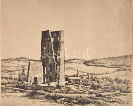 Olvashatatlan jelzéssel 1971: Felsődörgicsei templomrom. Rézkarc, papír, Feltekert állapotban. 29x38 cm