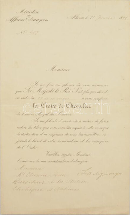Görögország 1892. 'Megváltó Rend' lovagkeresztjének adományozásával kapcsolatos értesítés / Greece 1892. 'Order of the Redeemer' document regarding the Knight's Cross awarding