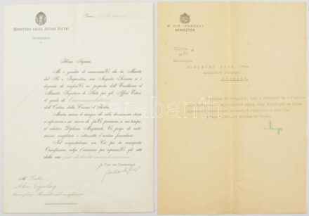 Olaszország 1942. 'Olasz Koronarend Parancsnoki Keresztje' kitüntetés adományozói dokumentum + Magyarország 1943. Tájékoztató levél Horthy Miklós engedélyéről a kitüntetés elfogadására és viselésére / Italy 1942. 'Order of the