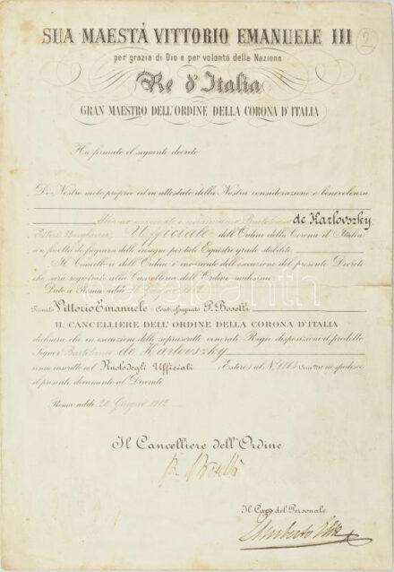 Olaszország 1912. 'Olasz Koronarend Lovagkeresztje' adományozói irat Karlovszky Bertalan magyar festőművész részére, szárazpecséttel / Italy 1912. 'Order of the Crown Knight's Cross' award document for hungarian painter Bertalan