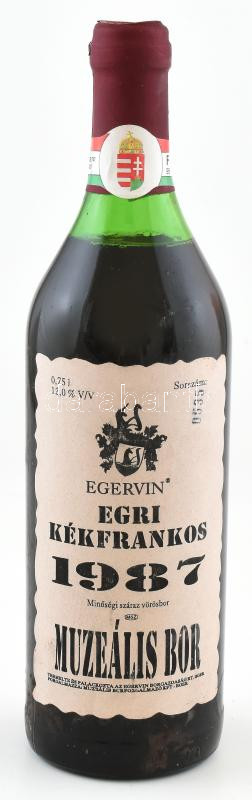 1987 Egervin Egri Kékfrankos 1987, Muzeális Bor, sorszámozott: 0535. számú palack bor, bontatlan palack száraz vörösbor, pincében szakszerűen tárolt, 12%, 0,75l.